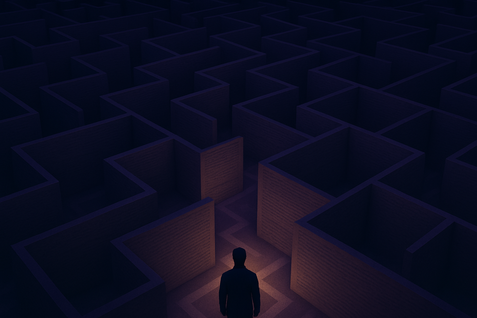 Illustration d'un labyrinthe fait de documents juridiques, symbolisant la complexité d'un contrat de construction